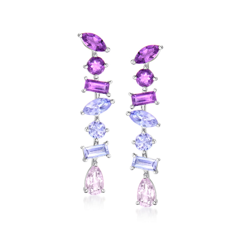 Sterling silver drop earrings with purple gemstone drops and baguette accents