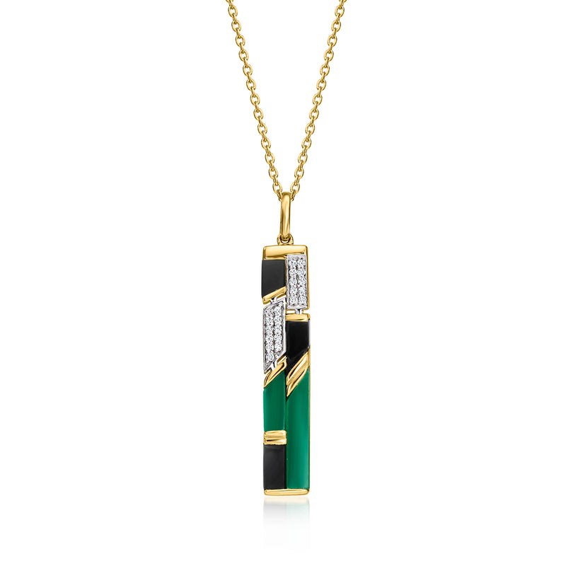 Gold pendant necklace with green chalcedony-style rectangle and white sparkle accents