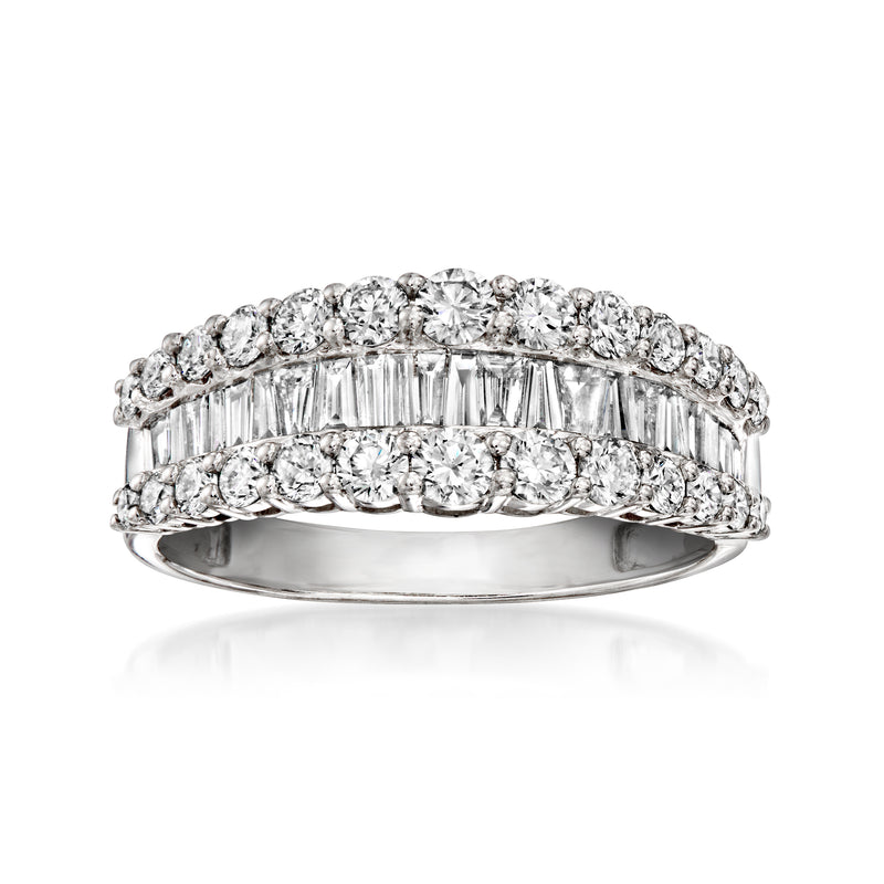 Vintage diamond ring in 14kt white gold, three-row pave with baguette and round stones