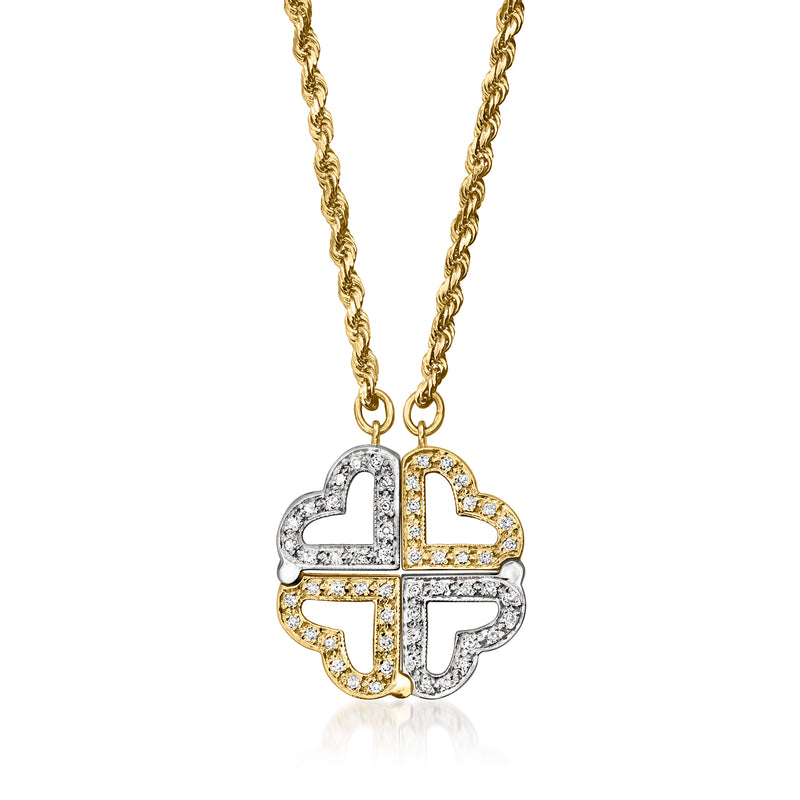 Two-tone gold pendant necklace with heart-shaped clover motif and diamond accents