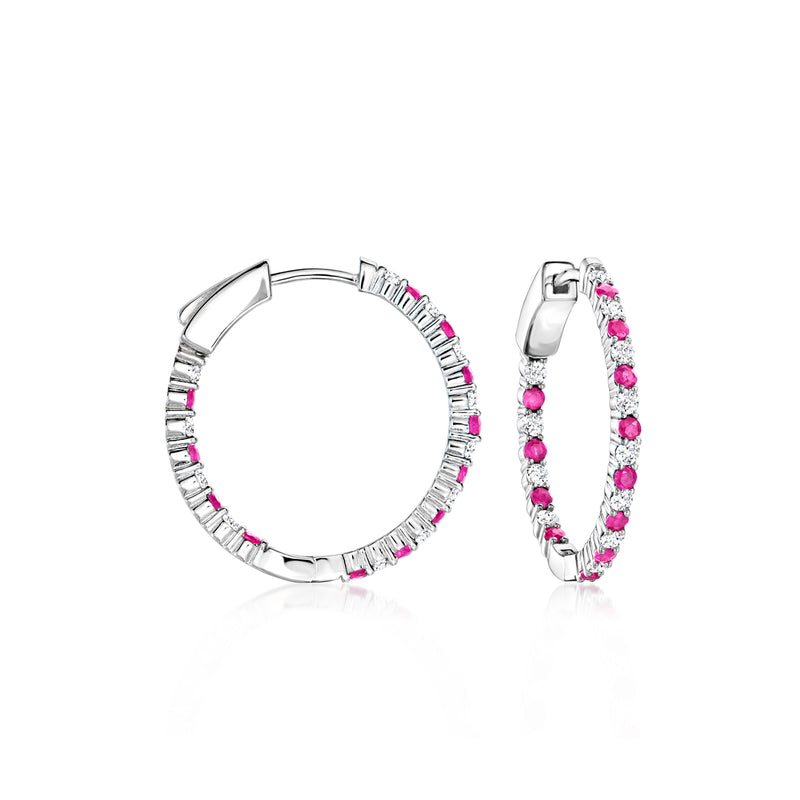 Sterling silver hoop earrings with pink gemstone channel setting