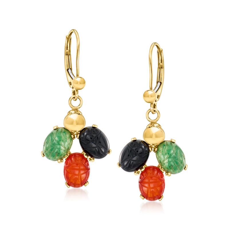 Vintage scarab drop earrings in 14kt yellow gold with multi-color gemstone accents