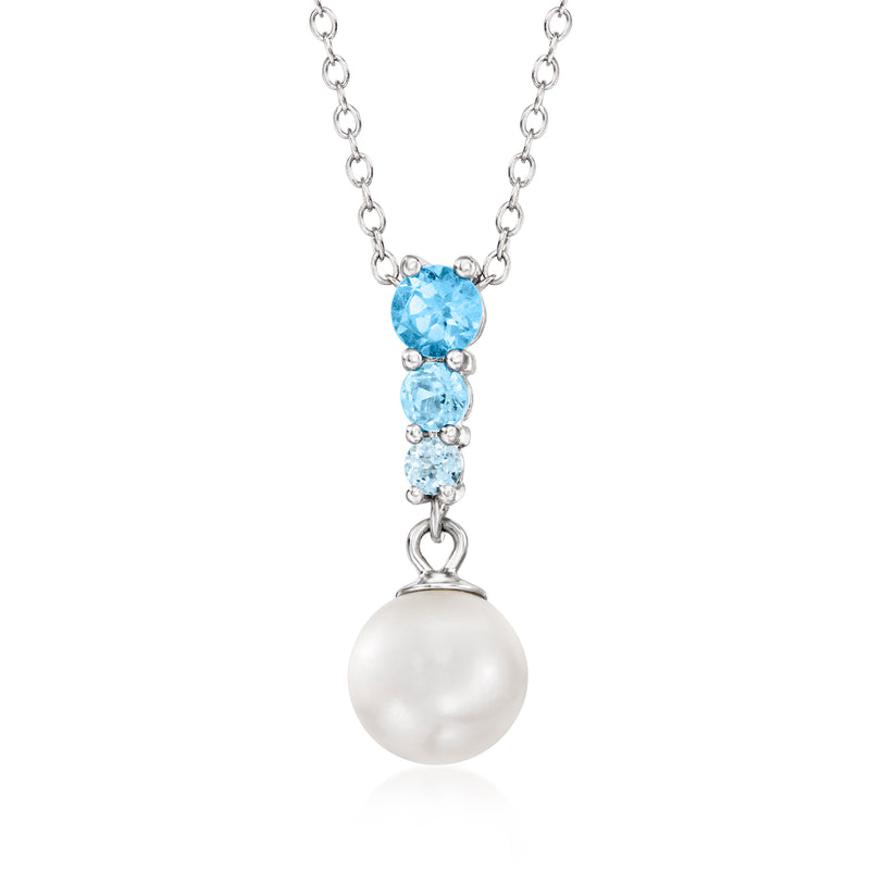 Sterling silver Y-necklace with cultured pearl pendant and 3 blue gemstones