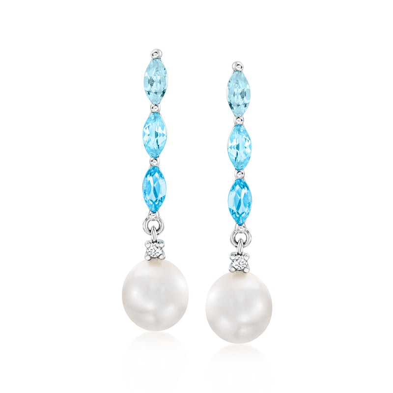 Sterling silver drop earrings with sky-blue topaz and white pearl drops