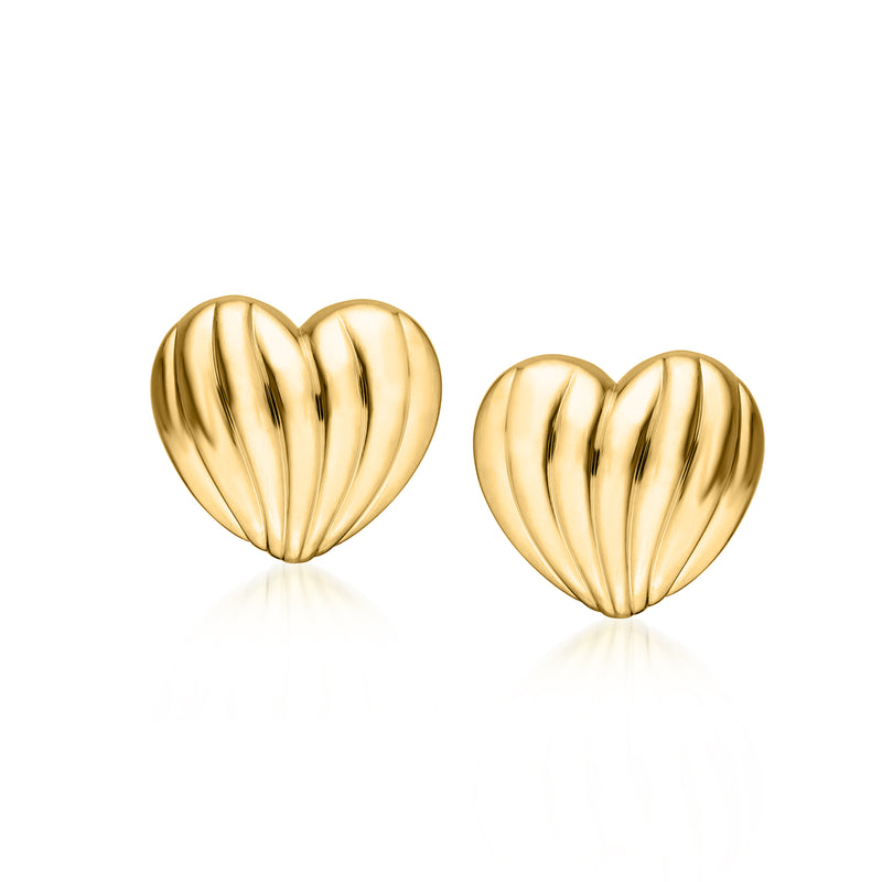 14kt yellow gold fluted heart stud earrings with post back