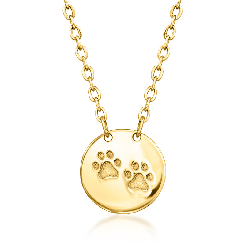 10k yellow gold paw print disc necklace with two engraved paw prints on round pendant