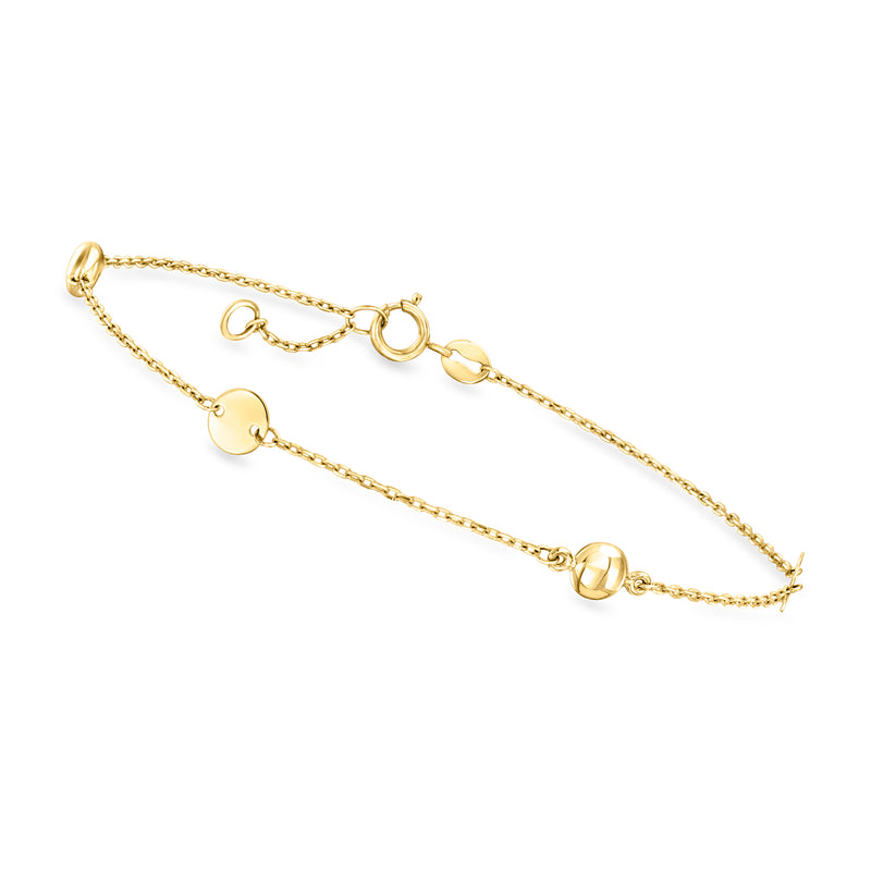 10kt yellow gold bead and disc station bracelet with round link stations