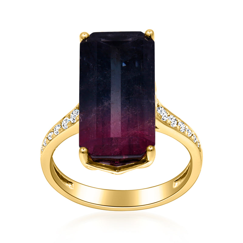14kt yellow gold ring with emerald-cut multicolor tourmaline and diamond side accents