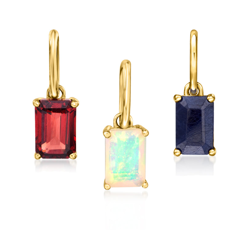 Three 10kt yellow gold birthstone pendants with red, opal, and blue square stones