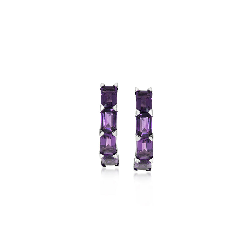 Sterling silver amethyst hoop earrings with rectangular purple gemstones