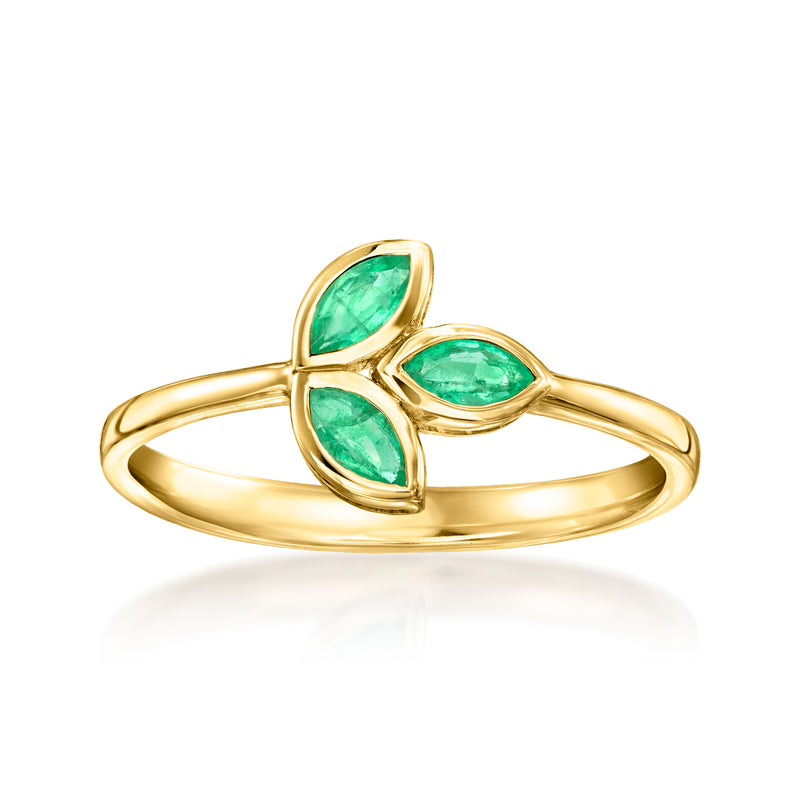 10kt yellow gold emerald leaf ring with three green gemstone leaves