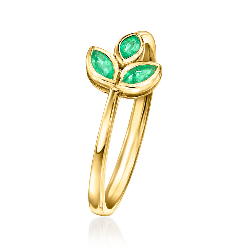 10kt yellow gold emerald leaf ring, side view with three green gemstone leaves