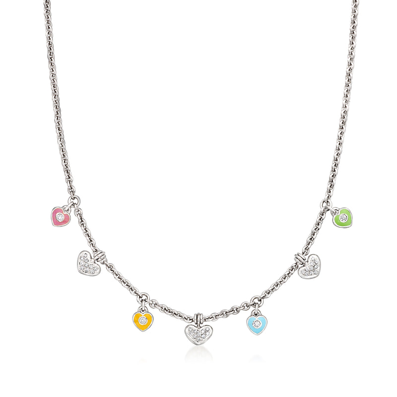 Heart charm necklace with thin silver-tone chain and small multicolored enamel hearts