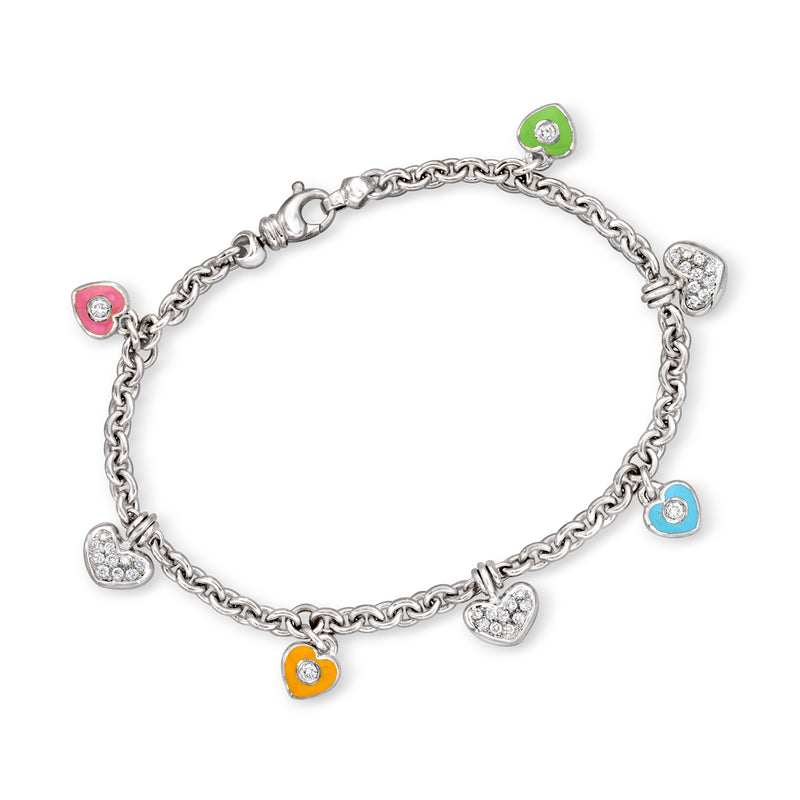 Vintage diamond heart charm bracelet in white gold with multicolored enamel heart charms