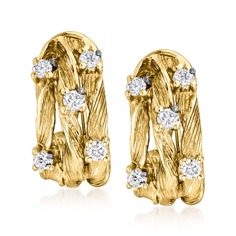14kt yellow gold diamond vine clip earrings with multiple round white stones