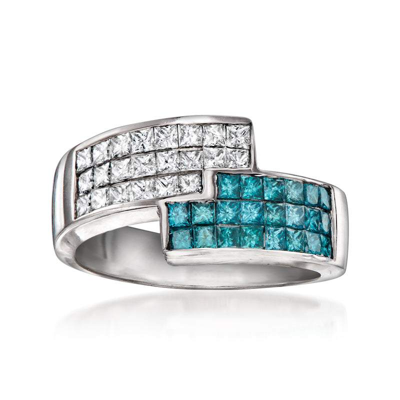 18k white gold diamond bypass ring with white and blue channel-set stones