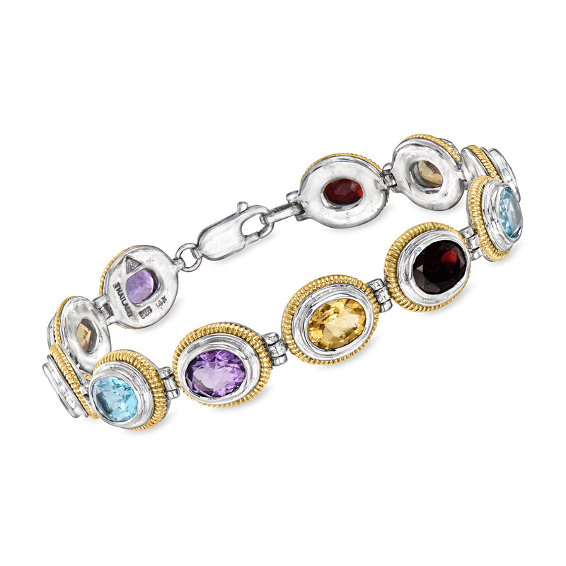 Vintage link bracelet in sterling silver with round multicolor gemstones and yellow gold accents