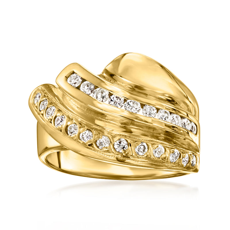 18kt yellow gold diamond band ring, three rows of round stones