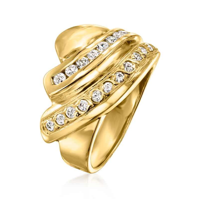 Yellow gold crossover diamond ring with round stone bands