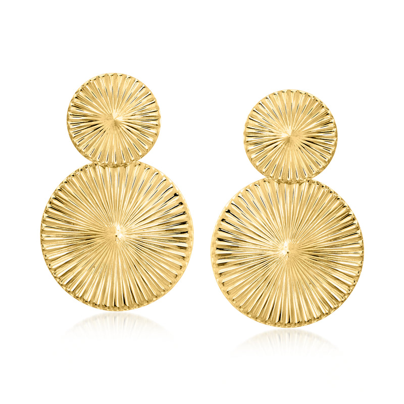 Gold-tone double-disc drop earrings with ribbed sunburst texture