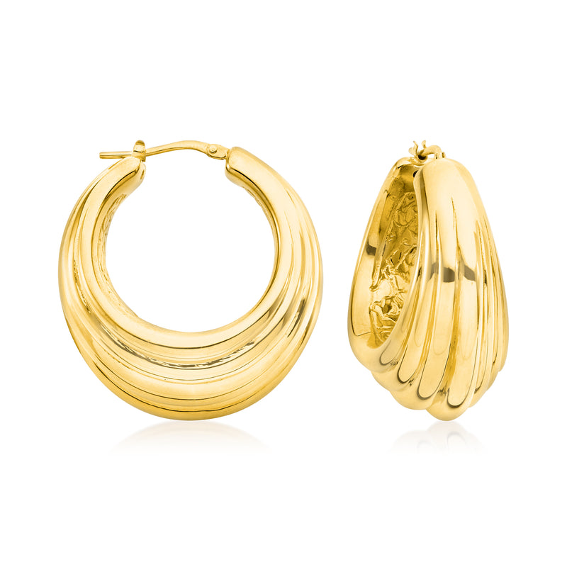 Gold over sterling ribbed hoop earrings, polished finish, double-curve design