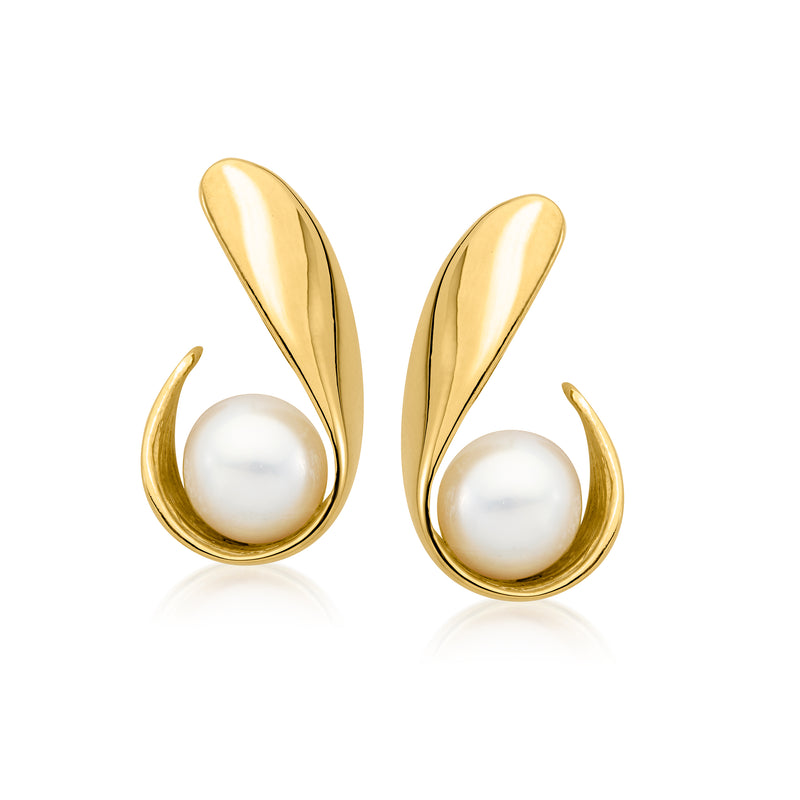 Gold swirl drop earrings with white cultured pearls, teardrop setting