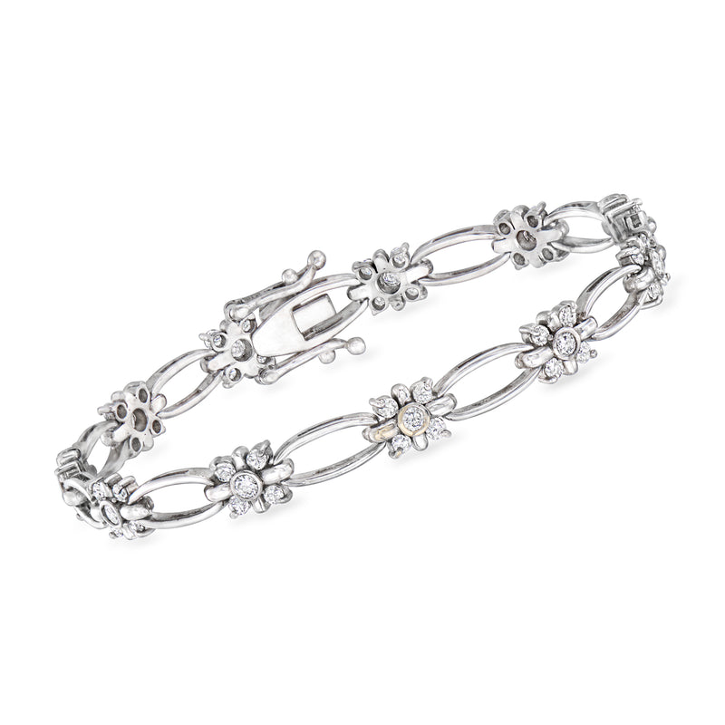 14kt white gold diamond flower-link bracelet with oval links and floral accents