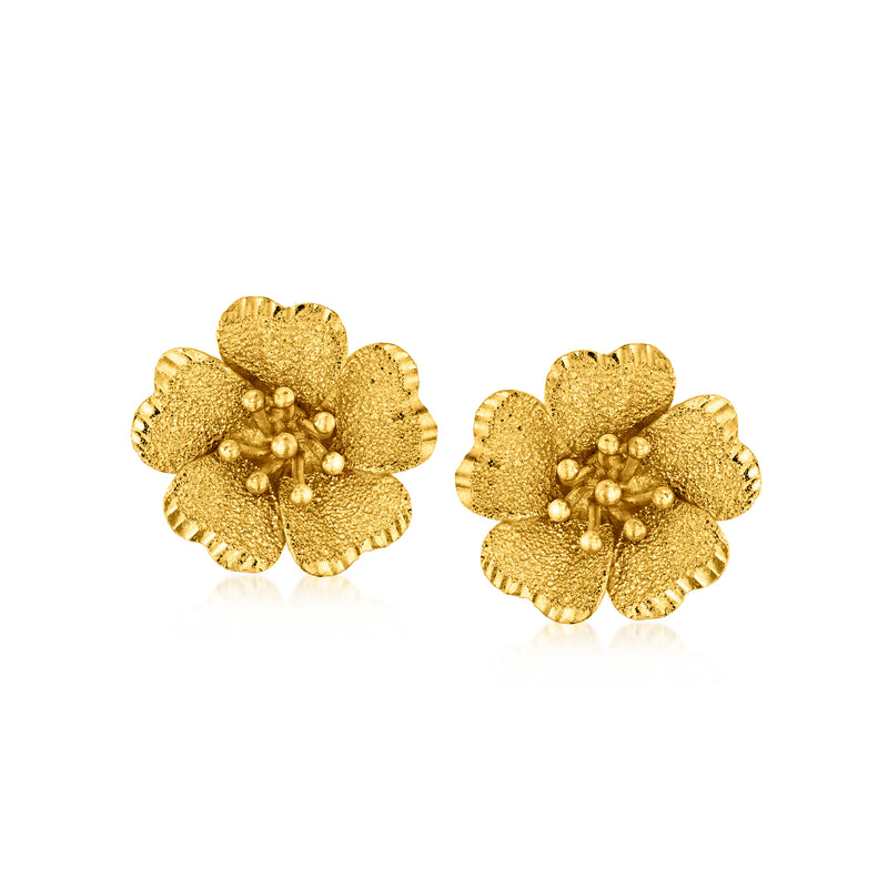 24kt yellow gold textured flower stud (post) earrings with pearl-like centers