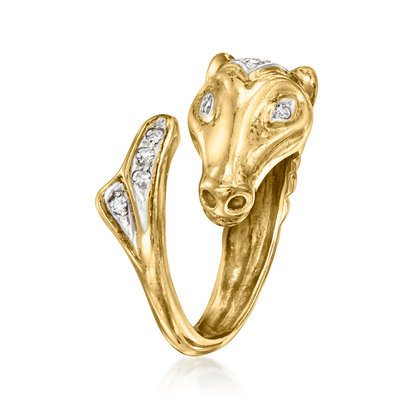 18k yellow gold horse bypass diamond ring, side view with clustered round stones