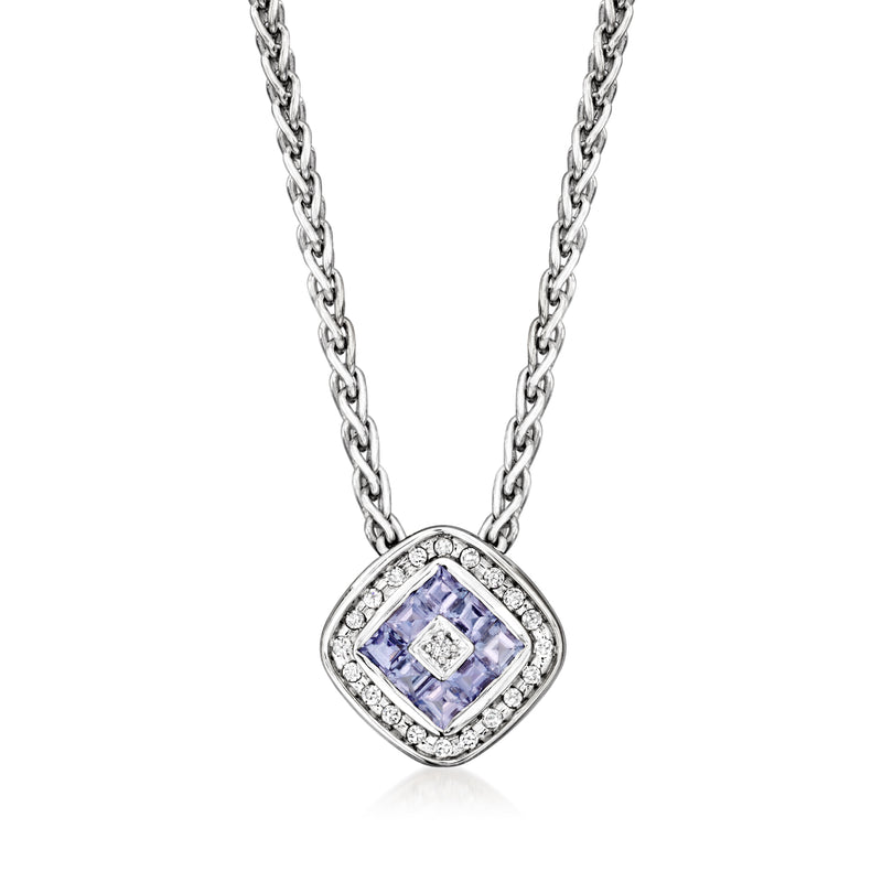 Vintage 14kt white gold pendant necklace with square tanzanite and diamond cluster halo
