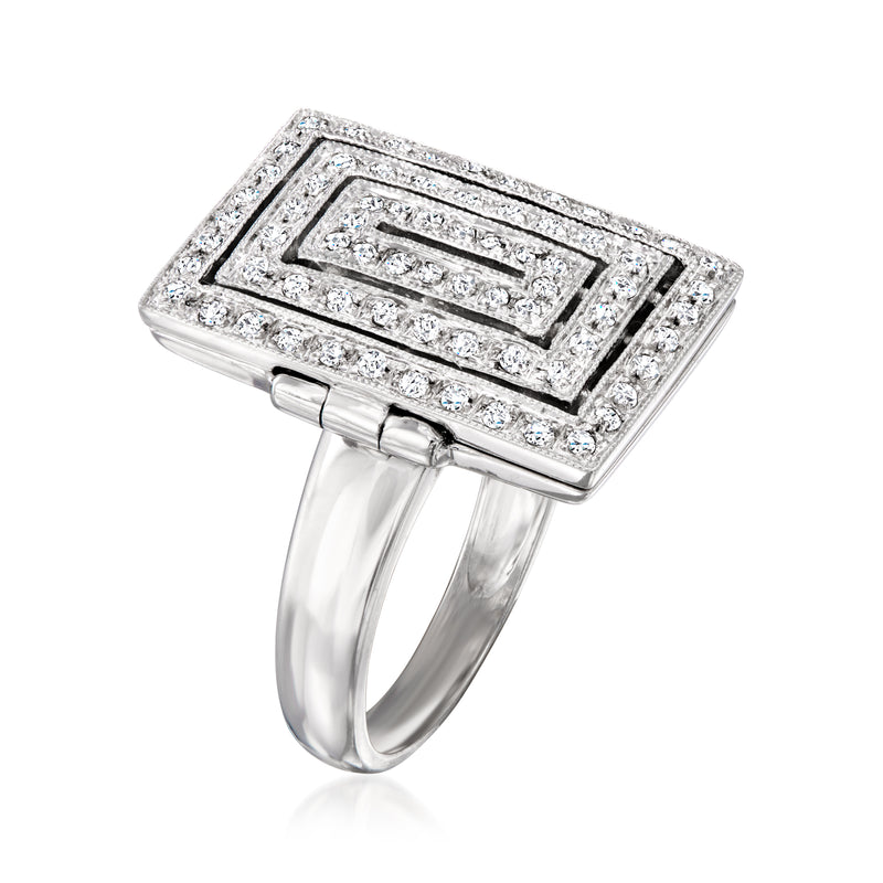 White gold square diamond ring with horizontal top setting and open gallery sides