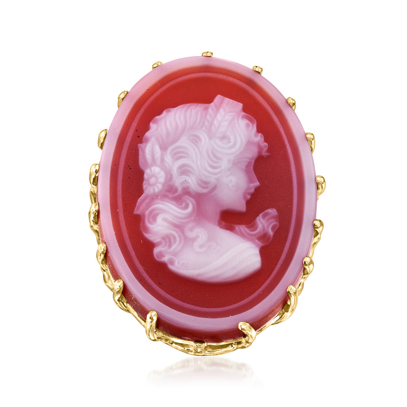 14kt yellow gold oval cameo ring with red agate and carved lady profile