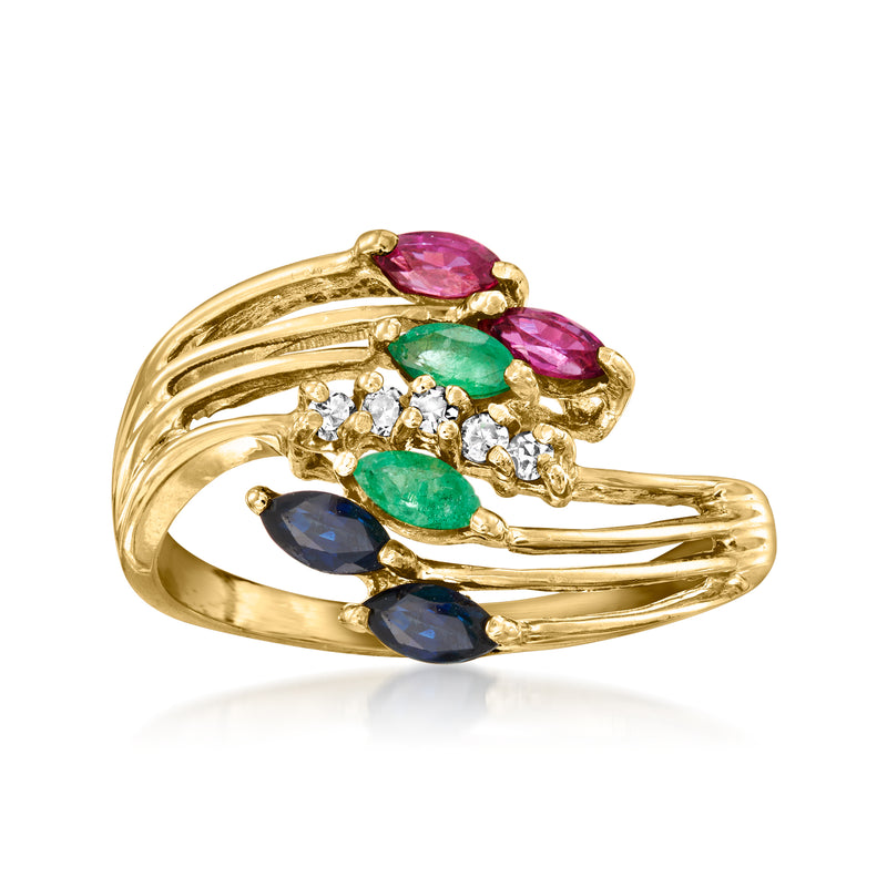 Vintage 14kt yellow gold ring with oval multi-gemstones and small diamond accents