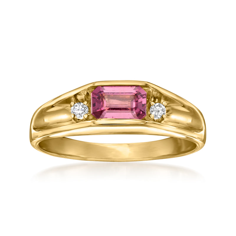 14kt yellow gold rhodolite garnet ring with emerald-cut center stone and two side diamonds