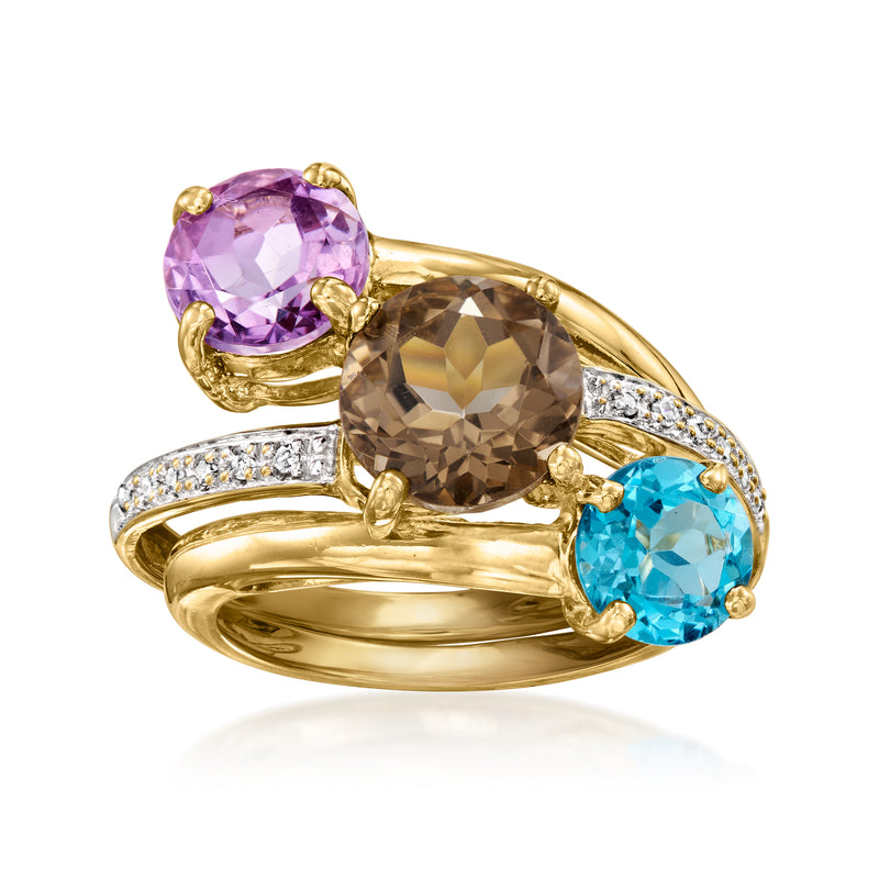 Vintage 14kt yellow gold ring with oval smoky quartz, amethyst, blue topaz, and diamond accents