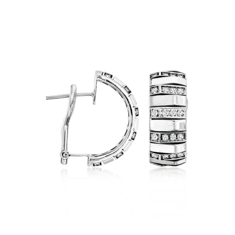 Diamond hoop earrings with baguette-set bands and hinge detail