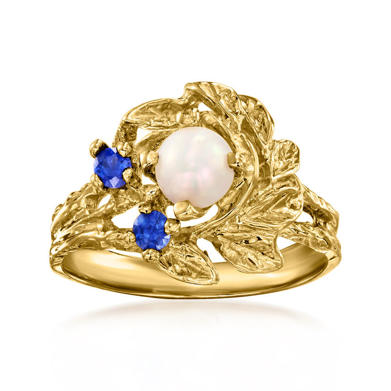 Vintage 14kt yellow gold ring with white cultured pearl and two blue sapphire accents