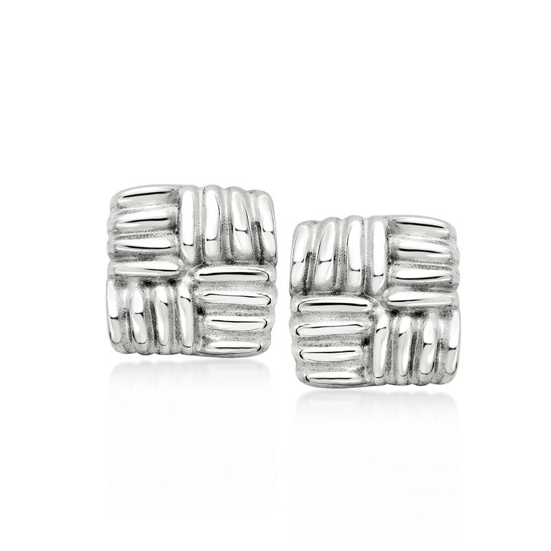 Sterling silver quilted pattern stud earrings, post backs with ribbed square design