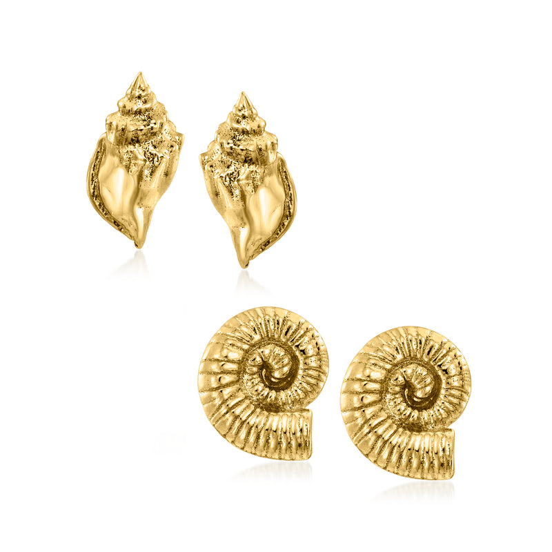 Gold over sterling seashell stud earring set, two pairs: ridged shell and scallop design