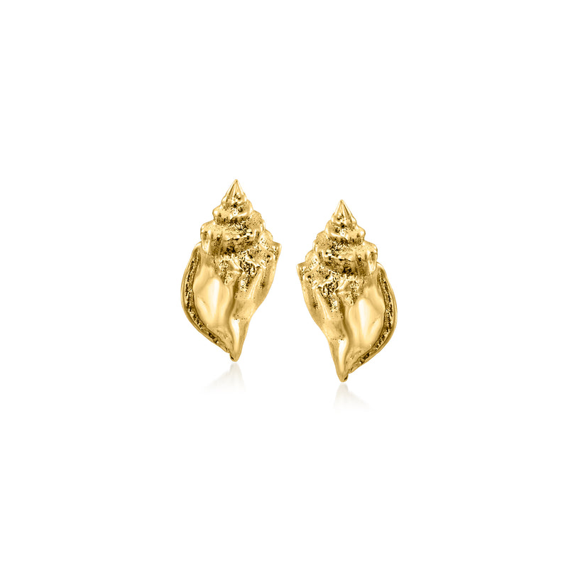 Gold over sterling seashell stud earrings, two pairs: ridged shell teardrop shape