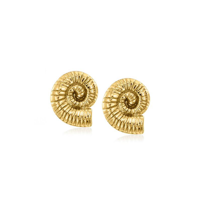 Gold over sterling seashell stud earrings, ridged scallop-style shell design