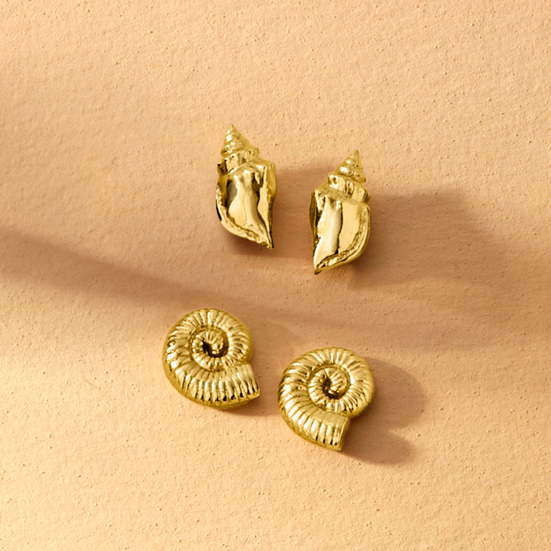 Gold over sterling seashell stud earring set with two pairs: ridged shell and scallop