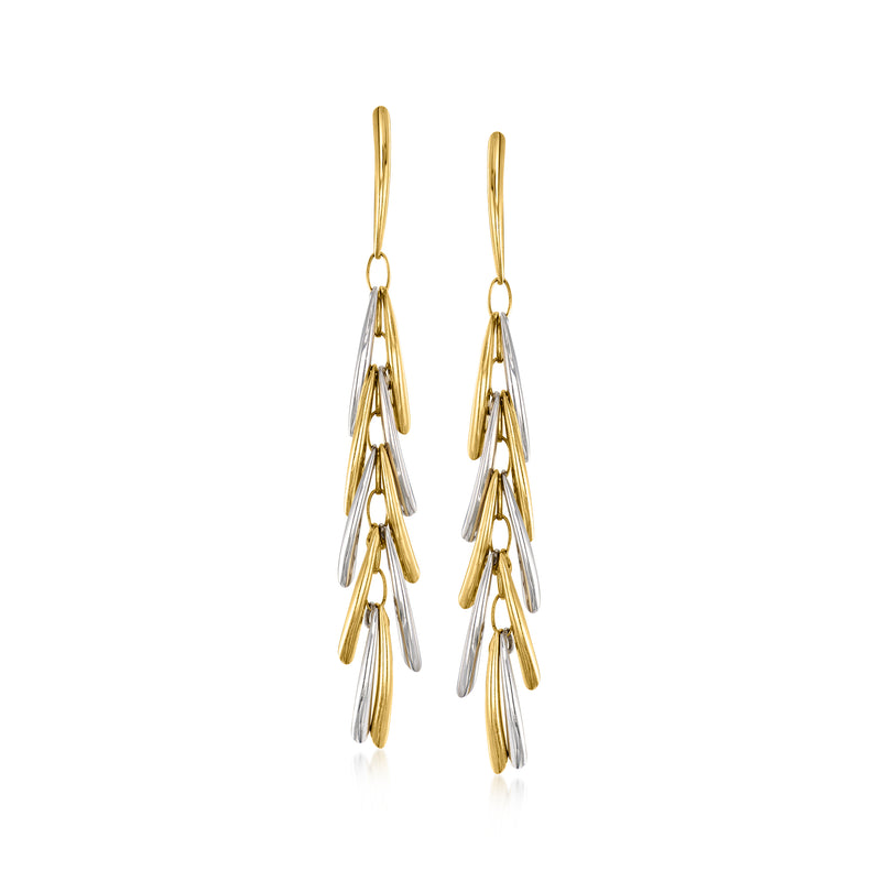 Two-tone gold tassel drop earrings with layered leaf-like segments.