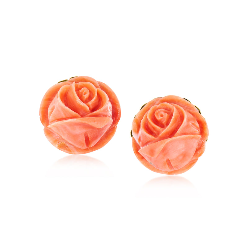 Vintage coral rose earrings with 14kt yellow-gold backing, round rose design