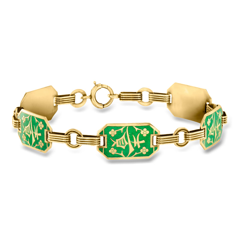 Gold and green enamel link bracelet with hex center panel and clasp