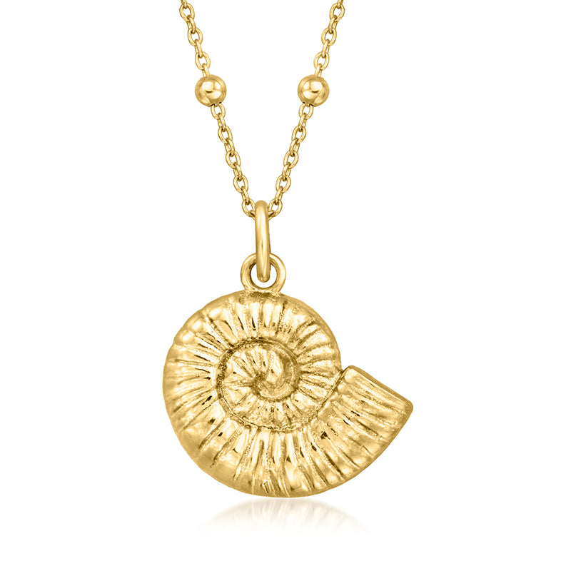 Gold-tone seashell pendant necklace with ridged circular pendant and link chain