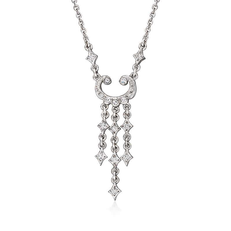 Vintage 14k white gold diamond drop necklace with curved center and dangling diamond drops