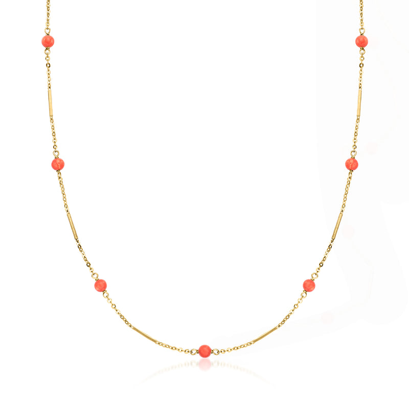 1980 vintage coral bead station necklace with red beads on 14kt yellow gold chain
