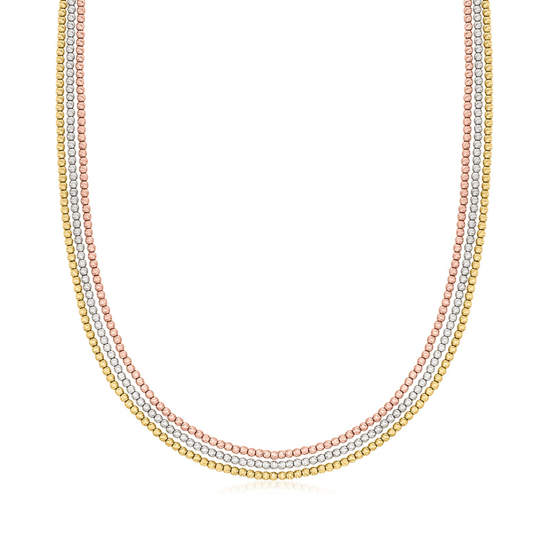 Vintage tri-colored gold three-strand bead necklace, rounded bead strands.