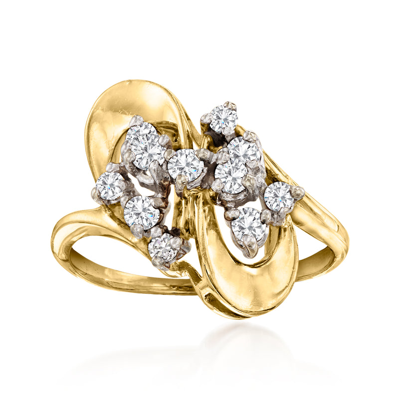14kt yellow gold diamond swirl ring with multiple round brilliant stones